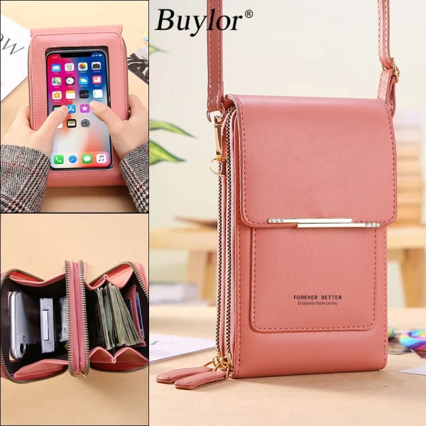 Buylor Damväska Trend Handväskor Mjukt läder Små plånböcker Touch Screen Mobilväska Mode Crossbody axelväskor PINK 11x5x19CM