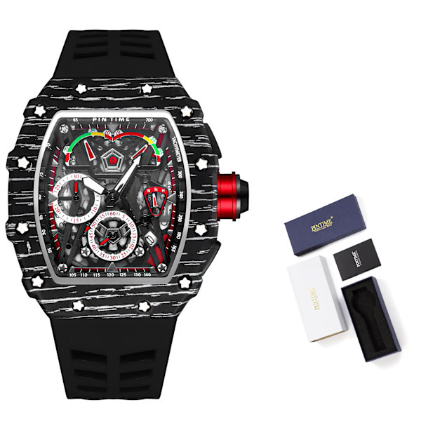 PINTIME Kampanj Rea Män Mode Sport Watch Kronograf Funktion Stoppur Röd gummirem Auto Date Man Lyx Armbandsur 2 with box