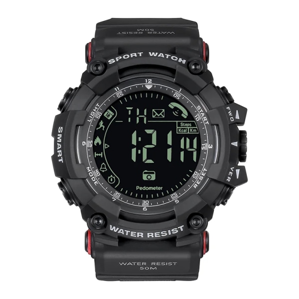 2022 Ny Super Men's Extreme Sports Smart Watch Svart ABS- case Rostfritt stål Baksida PU-rem 24 mm Vattentät 50 m