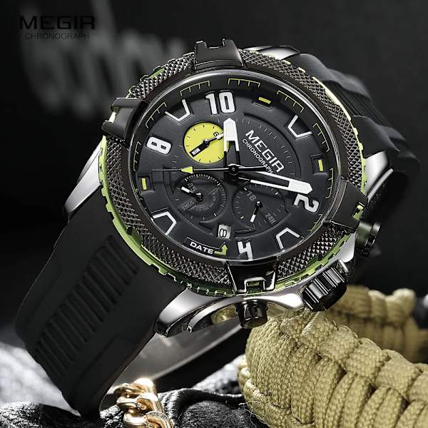 MEGIR Watch för män Orange silikonrem Sport Chronograph Quartz Armbandsur med datum 24-timmarsdisplay 3atm Vattentät Black Red-Box