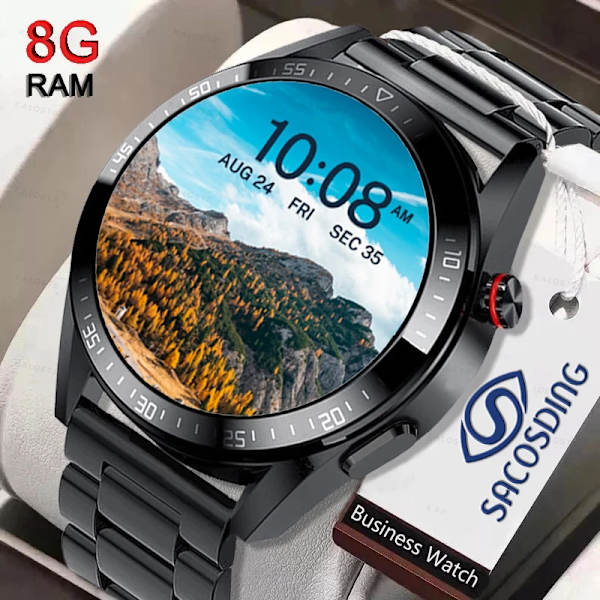 Ny Smart Watch Herr 8G Minne Lokal Musikspelare 454*454 AMOLED-skärm Bluetooth Call Sports Man Smartwatch För Huawei Mesh Belt Dark gray Original box