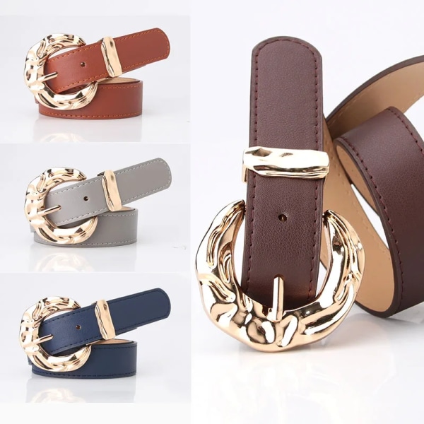 Mode Flerfärgat Pu Läder Kvinna Bälten Jeans Klassisk Retro Guld Runt Spänne Kvinnlig Pin Lyx Punk Gothic Midjeband khaki belt 106cm