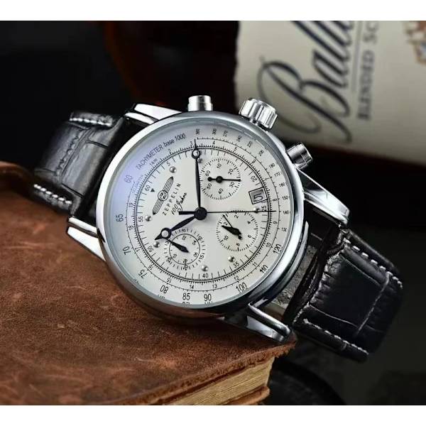 Nya Zeppelin lyxiga fritidskvarts läderklocka för män watch sport vattentät datum multifunktions kronometer Black white