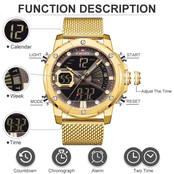 NAVIFORCE Originalklockor för män Lyxmärke Quartz Dual Display Militär watch Mesh stålband Vattentät klocka RGBEBE BOX