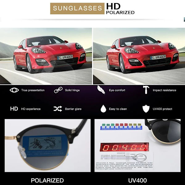 Klassiska damer runda polariserade solglasögon män Märkesdesigner polaroid solglasögon dam metallbåge svart lins för män kvinnor 9-SHL4246-C2