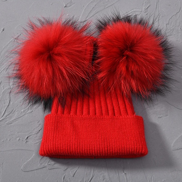Dubbel Pompom-mössa för kvinnor, vintermössor, stickade mössor, mössor, beanies, flickor, två pompom-mössa Red match fur