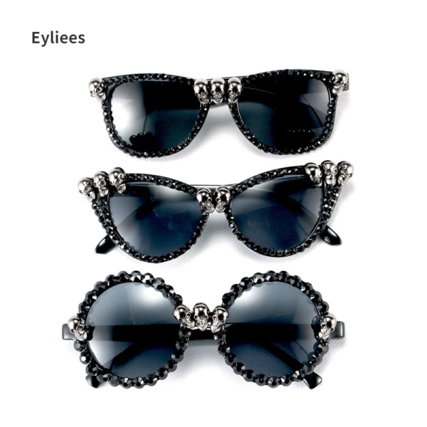 Gothic Skull Solglasögon Halloween Christmas Cat Eye Crystal Punk Solglasögon lyx designer vintage gafas de sol mujer Round Black