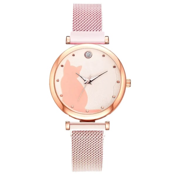 Watch 5 st Quartz Set Mesh Armband Cat Dial Lyx Watch Casual Damklocka med set Pink Set