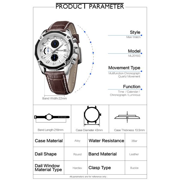 MEGIR Officiell kvarts klockor för män i äkta läder Sport Racing Män Studenter Game Run Chronograph Watch Man Glow Hands White