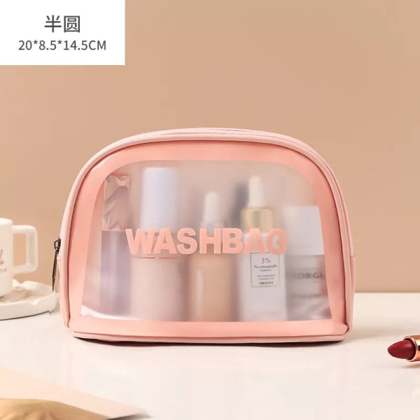 Transparent PVC-förvaringsväskor Organizer Klar sminkväska Kosmetikväska Case Toalettväska Tvättpåsar Semicircle Pink