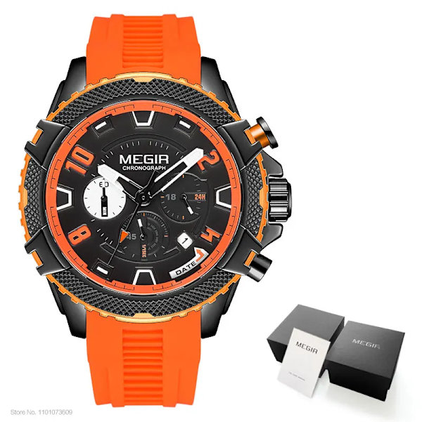 MEGIR Watch för män Orange silikonrem Sport Chronograph Quartz Armbandsur med datum 24-timmarsdisplay 3atm Vattentät Orange-Box