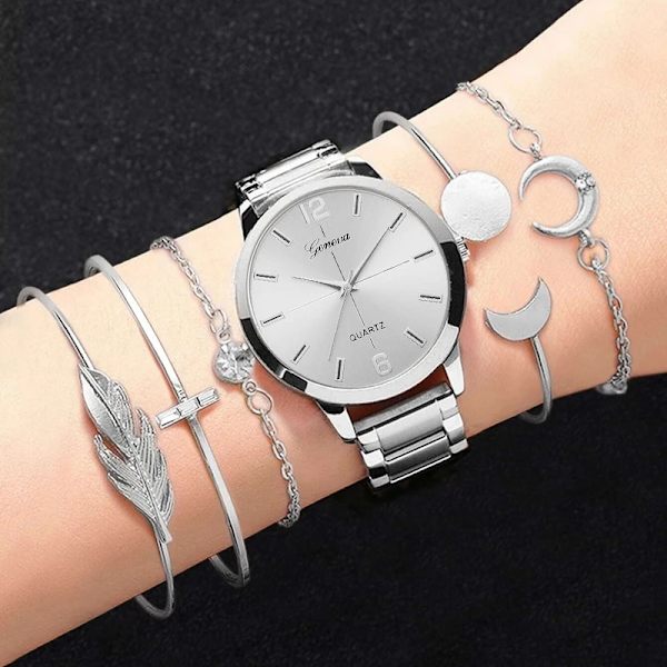 6/5/3PCS 2022 Lyx Damklockor Set Armband Armbandsur Mode Dam Quartz Watch Klänning Kvinnlig Klocka Montre Femme Relogio 5PCS Silver A