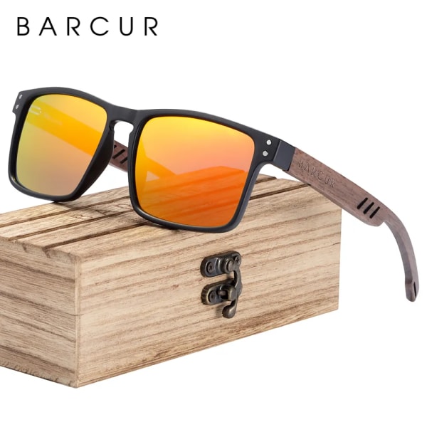 BARCUR Solglasögon för män Märkesdesigner Naturligt valnötsträ Solglasögon Dam Polariserade glasögon UV400 Eyewear Oculos Black Orange Wood BARCUR