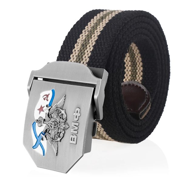 SupSindy Herr&Kvinnor Canvasbälte 3D rysk marinblå ВМФ Metallspänne Jeans Midjeband USSR Militärsoldater Taktiska bälten Mansrem Black stripes 90cm