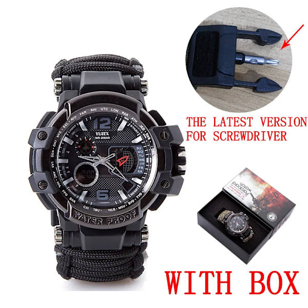 Utomhus Survival Watch Multifunktionell Vattentät Militär Taktisk Paracord Watch Armband Camping Vandring Nödutrustning EDC Black with box