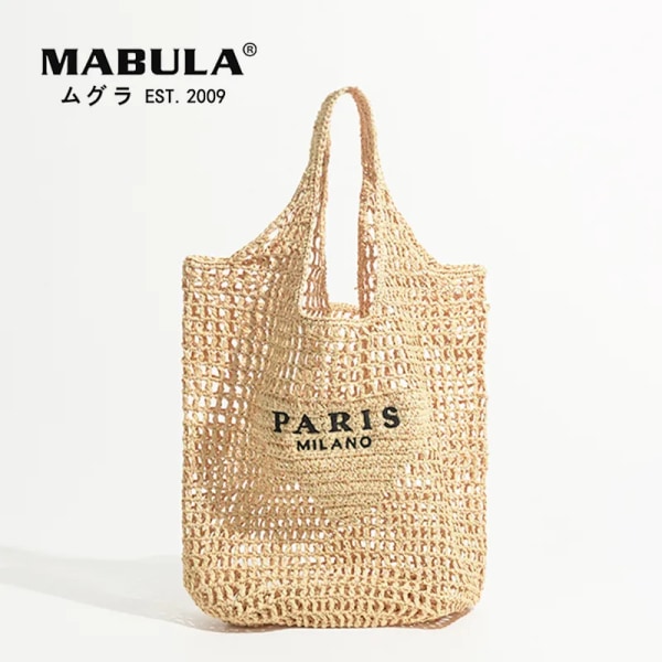 MABULA Lyxdesign Dam Flätad Raffia Halmväska Stor kapacitet Casual Tote Handväska Hollow Summer Beach Vacation Axelväska A