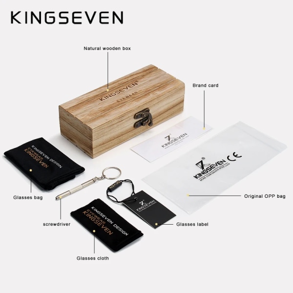 KINGSEVEN Brand TR90+Natural Walnut Trä Solglasögon Herr Dam Polarized UV400 Lins Retro Glasögon Förstärkta gångjärnsglasögon Gradient Gray Original