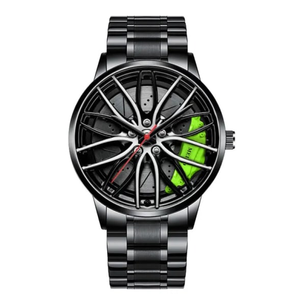 Kvartsklockor för män Vattentät vakuumpläteringsrem med bilhjulsfälgnav Design Sport Automatiskt Icke-mekaniskt armbandsur MB114 Green