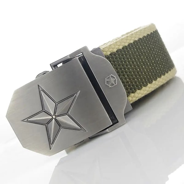 BOKADIAO Herr & Kvinnor Militär Canvas bälte lyxigt 3D-stjärna Metallspänne jeansbälte Army taktiska bälten för män midjeband hane Green beige side 100cm