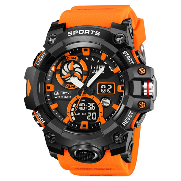 STRYVE Top Brand Elektronisk Watch För Herr Utomhussport Vattentät Dual Time Display Quartz Armbandsur Gummi reloj hombre orange