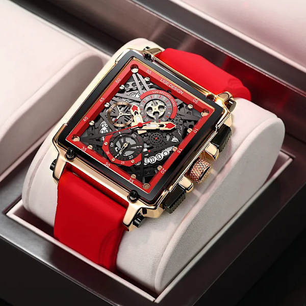 2023 nya LIGE Herrklockor Toppmärke Lyx Hollow Square Watch För män Mode Silikonrem Vattentät Quartz Armbandsur Gold red