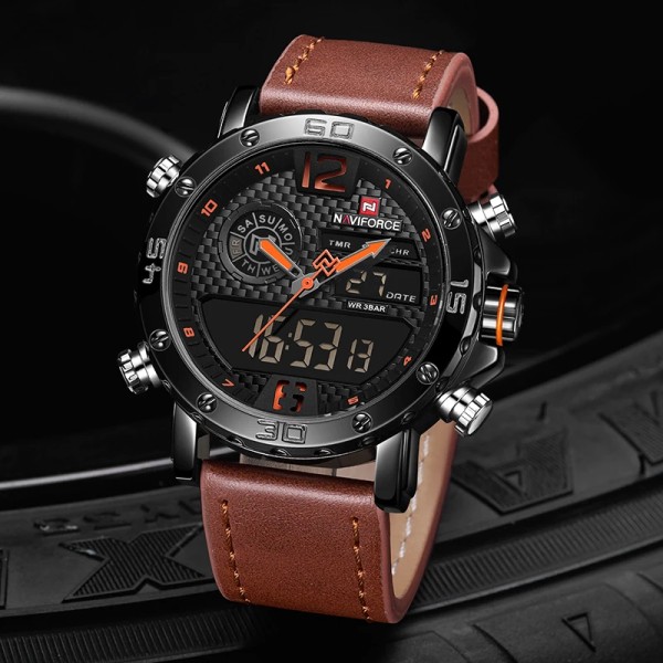 2021 NAVIFORCE Toppmärke Sportklockor Herr Läder Vattentät Man Quartz Digital Dubbel Watch Man Klocka Relogio Masculino BGYB-with Box