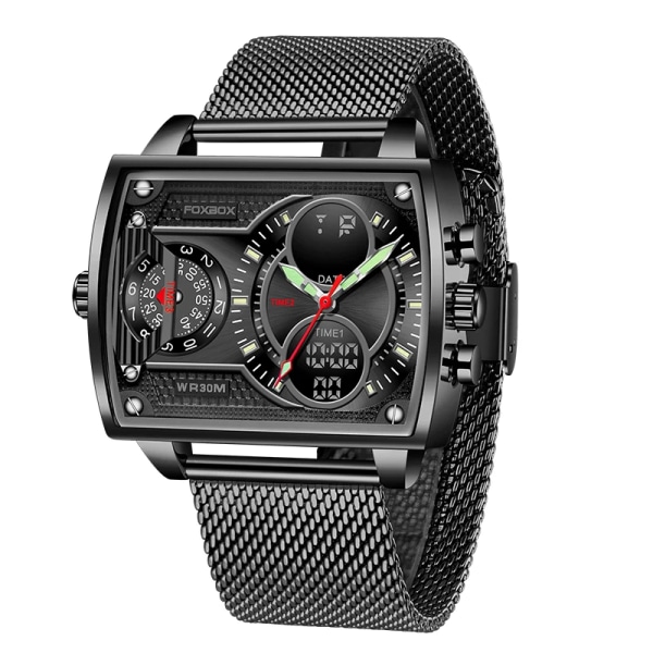 2023 Toppmärke Lyx Watch Mode Fyrkantig watch Herr Casual Vattentät Dubbel Display Klockor Relogio Masculino+BOX all black