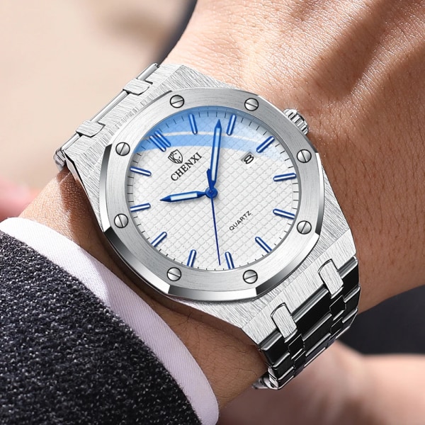 CHENXI Herrklockor Lyxmärke Automatisk datumklocka Vattentät Lysande Herrarmbandsur Kvarts Watch i rostfritt stål Silver White