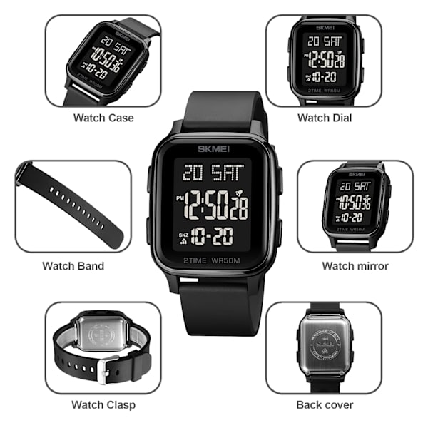 SKMEI Elektroniska Herrklockor 2 Tid Digital Movement Watch Sport Countdown Clock 50M Vattentät Led Light Armbandsur RED