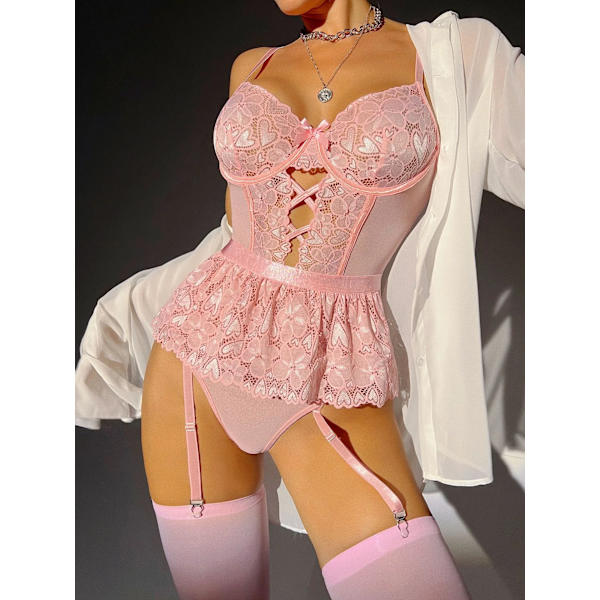 10046 Sexig SÖT OCH härligt temperament onesie charmig förförisk design spets onesie set har sidenstrumpor samlokalisering underw White S