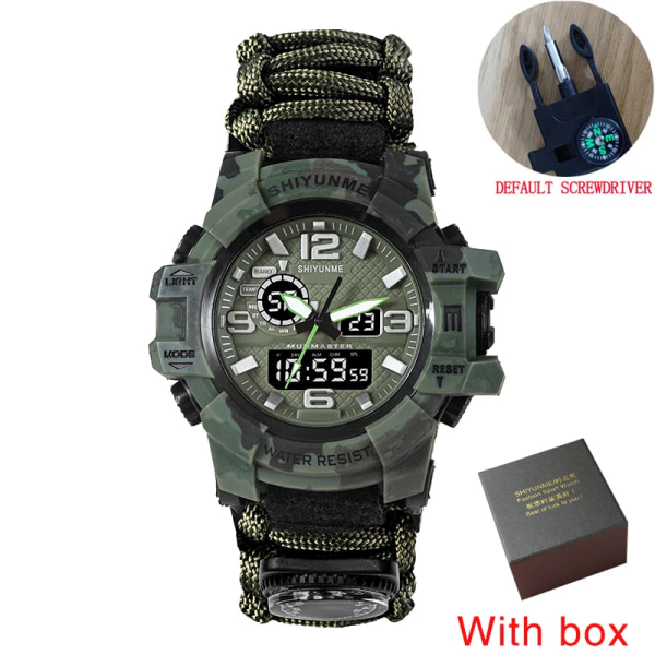 Män Militärsport LED Digitala klockor Kompass Utomhus Överlevnad Multifunktion Vattentät Herr Quartz Watch Relogio Masculino camouflage green box