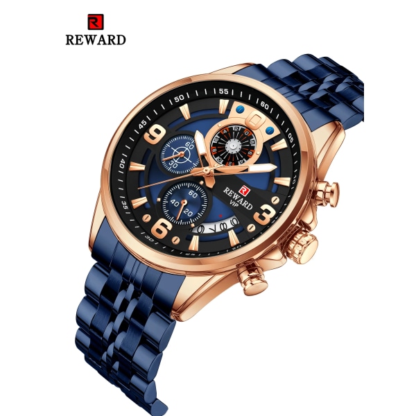 REWARD Design Quartz Armbandsur för män Sport Vattentäta klockor Rostfritt stål Kronograf Luminous Watch Rose Blue