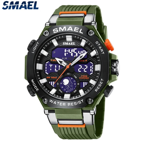 Quartz Armbandsur Sport SMAEL Military Army Clock Alarm Dual Display LED Elektronisk Watch 8069 Vattentäta klockor för män GREEN