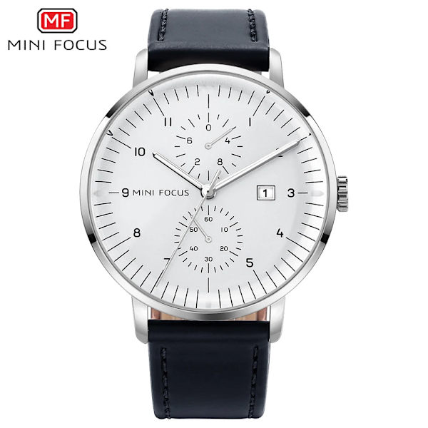 MINI FOCUS Mode Herrklockor Toppmärke Lyx Quartz Watch Date Window Armbandsur Brun Äkta läderrem reloj hombre SILVER WHITE