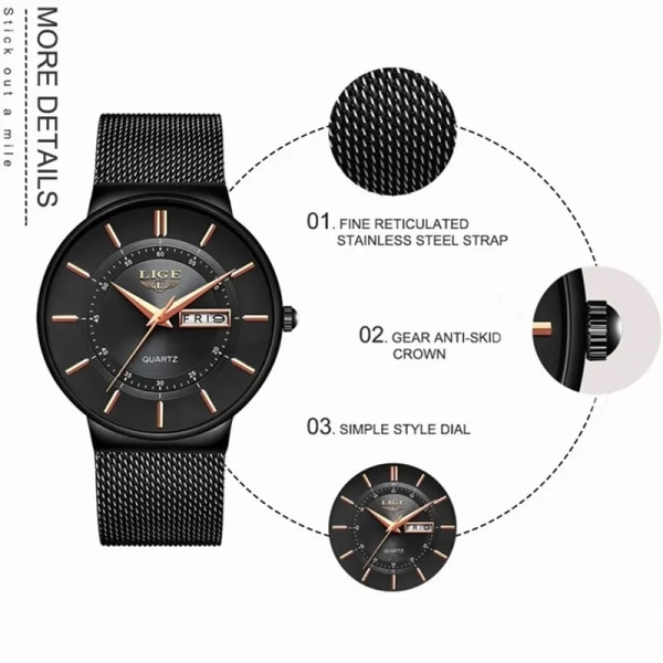 2023 Lyx Herrklockor Vattentät Ultratunn datumklocka Man Stålband Casual Quartz Watch Herr Watch Man black rose blue