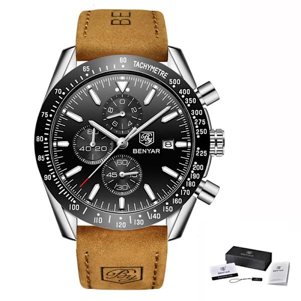 BENYAR Märklockor Märke Lyx Silikonrem Vattentät Sport Kvarts Kronograf Watch Herrklocka Relogio Masculino L Brown Silver Black