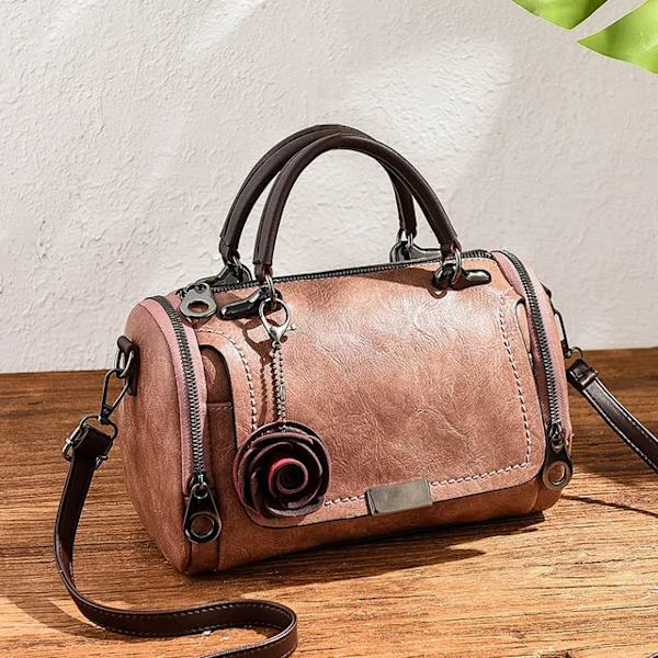 Yogodlns Nya blommor Hängande handväska Dammode Boston väskor enkel axelväska dam crossbody väska PU messenger bag darkpink 27x14x17cm