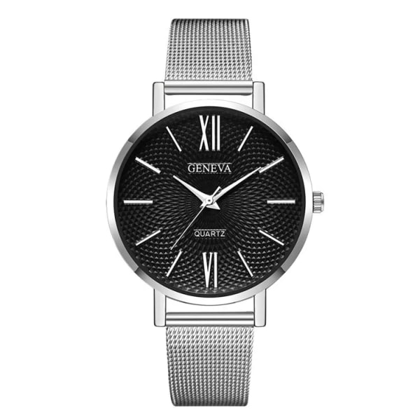 2021 New Geneva Watch Dam Svarta Klockor Rostfritt stål Mesh Band Quartz Armbandsur Casual Damklockor Billigt pris AH