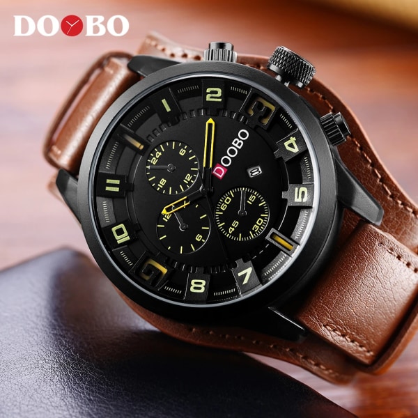 DOOBO Herr Casual Watch Herrklockor Toppmärke Lyx Quartz-klocka Läder Watch Handled Manklocka Drop black