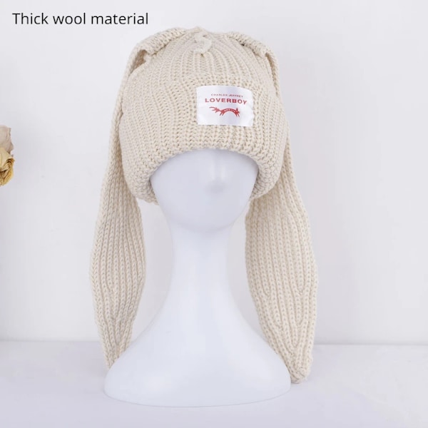 Söt Mode Huva Cap Loverboy Katteöra Stickad Hatt Dubbellager Varm Grisöra Hatt Nisch Design Hip-Hop Personlighet Kalla Hatt E69beige handmade M 56-58cm