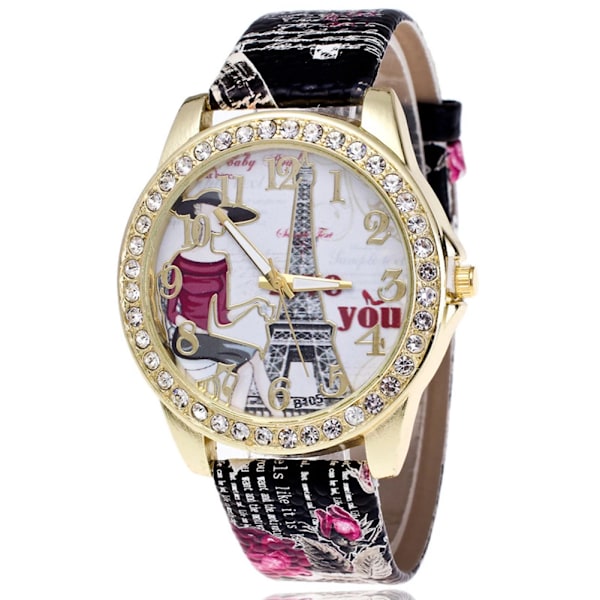 HET FÖRSÄLJNING!!! Kvinnor Rhinestone Inlagd Blomma Rund Urtavla Faux Läder Band Kvarts Watch Mode Kvarts Watch Kvinnor M