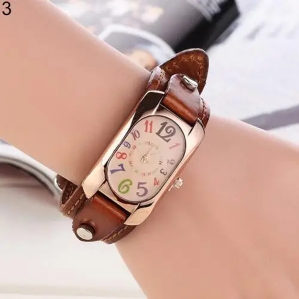 Mode Casual Damklocka Kunstläder Diamantband Avlångt case Quartz Watch kvinnor Brown