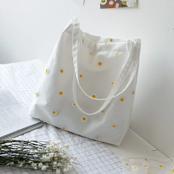 Canvas liten axelväska Handväska Söt shoppingväska för kvinnor Shopper Kvinnliga tjejer Miljöåteranvändbara hopfällbara väskor White