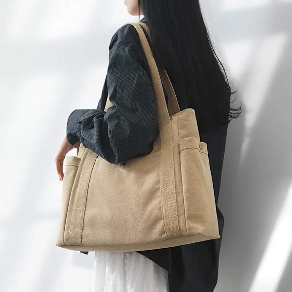 A4 Stor kvinnlig tygväska Canvas Tyg Axelväska Dam Stor Casual Canvas Bag Handväskor för kvinnor Skola Tonåring Damer Khaki