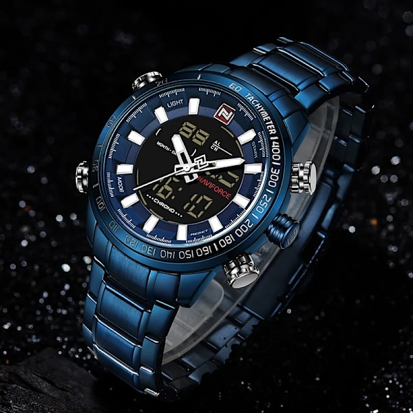 NAVIFORCE 9093 Lyx Herr Chrono Watch Märke Militär Vattentät EL Bakgrundsljus Digitala armbandsur Herr Stoppur Klocka blue