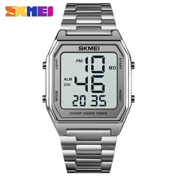 SKMEI 2 Time Men Digitala Sportklockor Märke Nedräkning Stoppur Mode LED Elektronisk Armbandsur Man Reloj Hombre silver white
