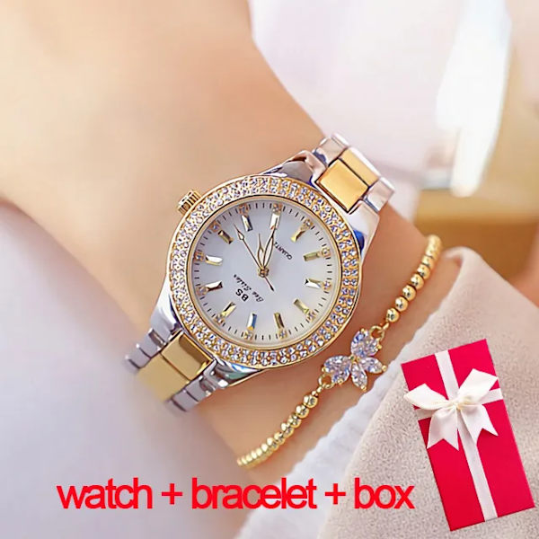 2023 Damarmbandsur Klänning Watch Dam Kristall Diamantklockor Rostfritt stål Silverklocka Dam Montre Femme 2022 silver gold set