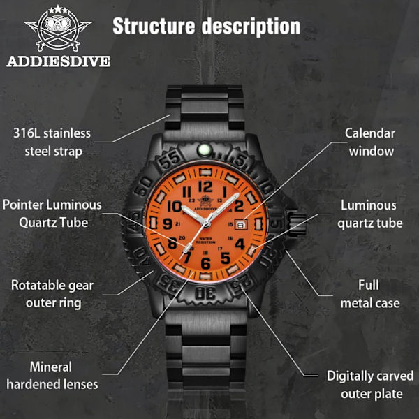 ADDIES Ny Orange Watch Sports Luminous Herrklocka Toppmärke Lyx Helt stål Quartz Klocka Vattentät Date Watch Herr 050-talet Silicone A box