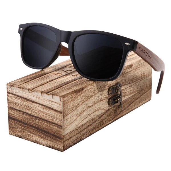 BARCUR Solglasögon i svart valnötsträ för man polariserade högkvalitativa fyrkantiga solglasögon herr UV400 glasögontillbehör originallåda Gloss Black Wood box BARCUR Polarized
