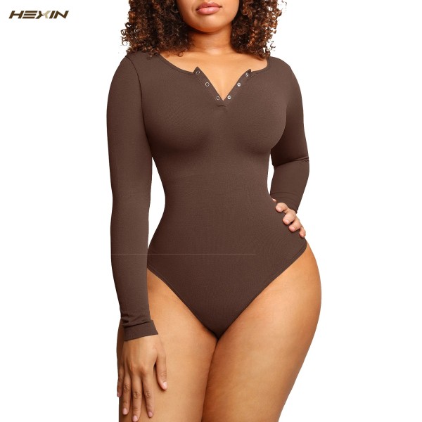 HEXIN Women's Colombianas Faja Shapewear Body Ytter långärmad stringtrosa Full täckning Platta buken Rumplyft Kroppsformad Brown XS-S